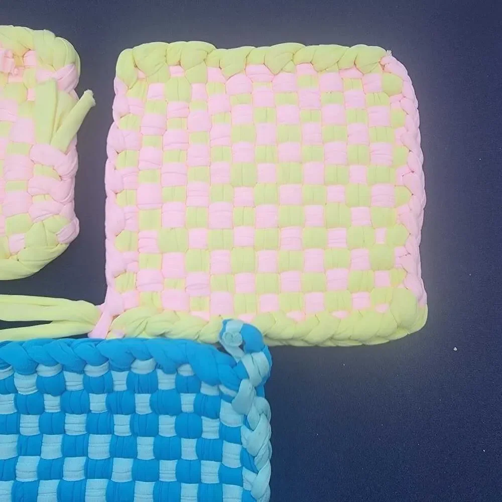 3pc Woven Pot Holders Trivets Set Blue Pink Yellow Checkered Kitchen Hot Pad